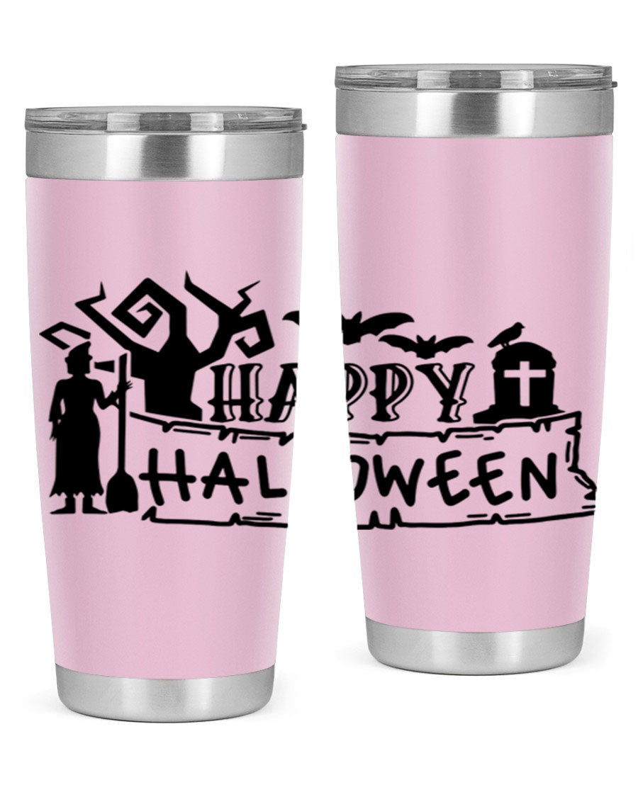Happy Halloween 69# Tumbler featuring a spooky design, available in 20oz and 30oz sizes, made from stainless steel with a drink-thru lid.