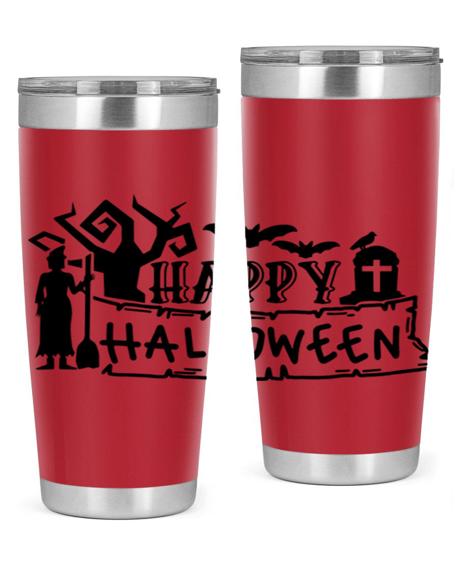 Happy Halloween 69# Tumbler featuring a spooky design, available in 20oz and 30oz sizes, made from stainless steel with a drink-thru lid.
