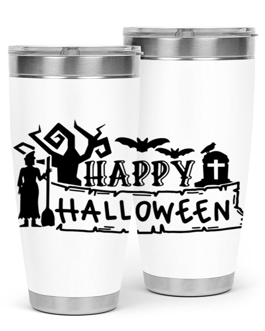 Happy Halloween 69# Tumbler featuring a spooky design, available in 20oz and 30oz sizes, made from stainless steel with a drink-thru lid.
