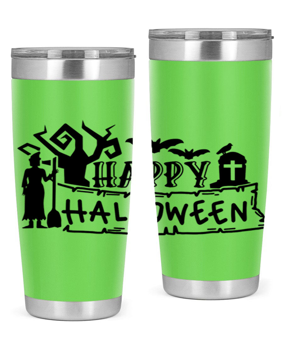 Happy Halloween 69# Tumbler featuring a spooky design, available in 20oz and 30oz sizes, made from stainless steel with a drink-thru lid.