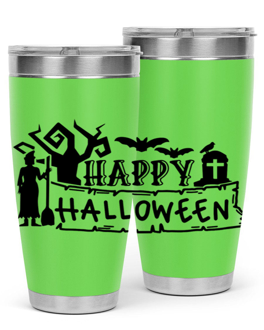Happy Halloween 69# Tumbler featuring a spooky design, available in 20oz and 30oz sizes, made from stainless steel with a drink-thru lid.