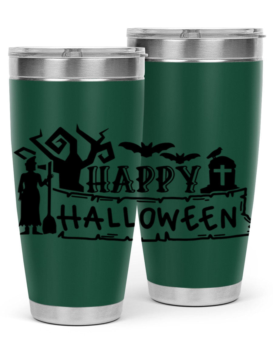 Happy Halloween 69# Tumbler featuring a spooky design, available in 20oz and 30oz sizes, made from stainless steel with a drink-thru lid.