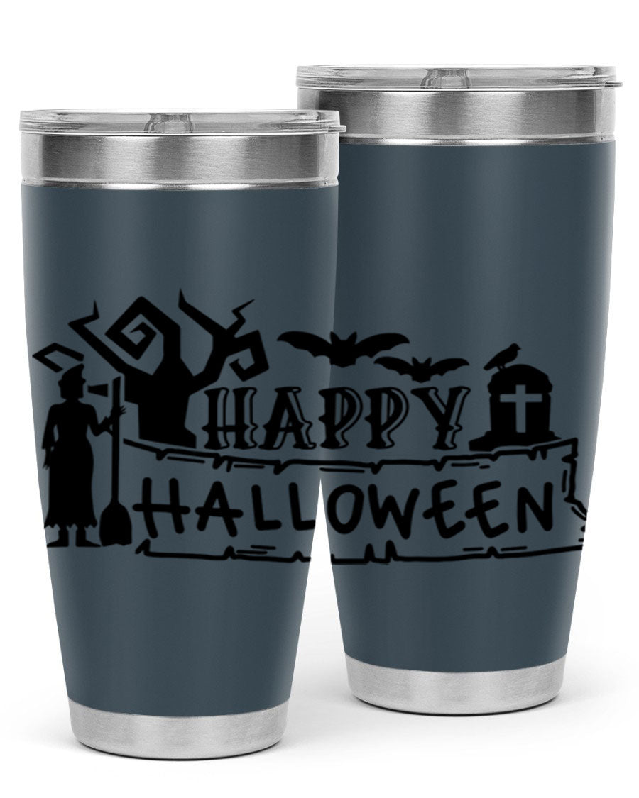 Happy Halloween 69# Tumbler featuring a spooky design, available in 20oz and 30oz sizes, made from stainless steel with a drink-thru lid.