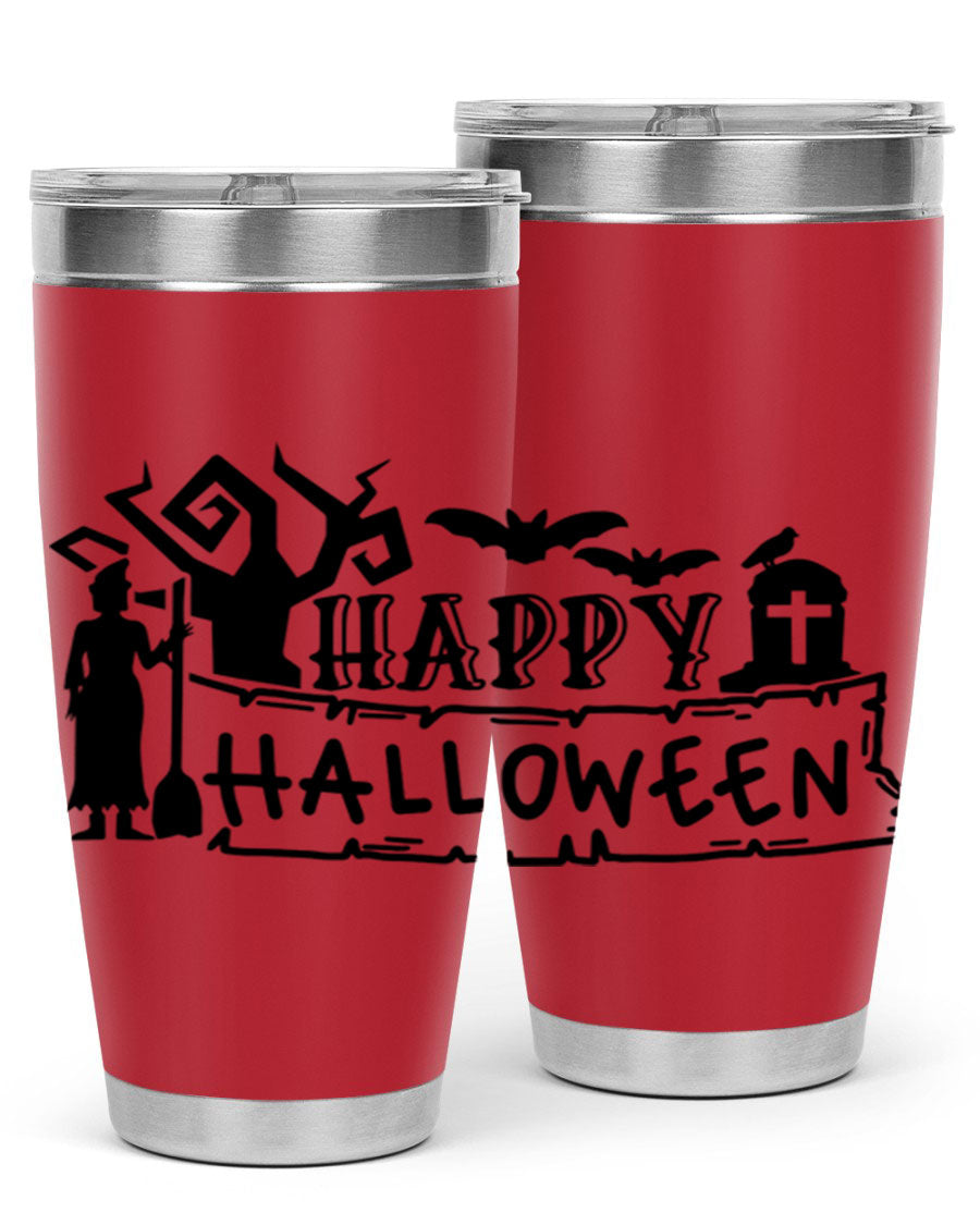 Happy Halloween 69# Tumbler featuring a spooky design, available in 20oz and 30oz sizes, made from stainless steel with a drink-thru lid.