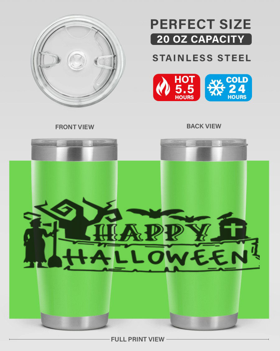 Happy Halloween 69# Tumbler featuring a spooky design, available in 20oz and 30oz sizes, made from stainless steel with a drink-thru lid.