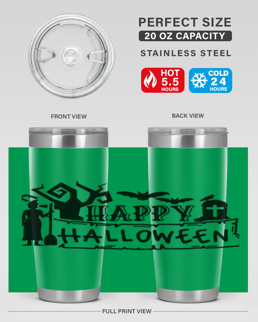 Happy Halloween 69# Tumbler featuring a spooky design, available in 20oz and 30oz sizes, made from stainless steel with a drink-thru lid.