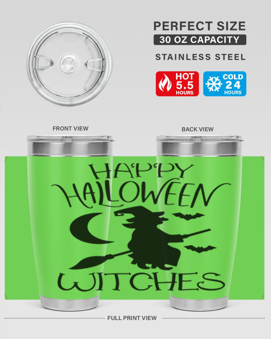 Happy Halloween Witches 20oz Tumbler featuring a spooky design, made of stainless steel with a drink-thru lid.