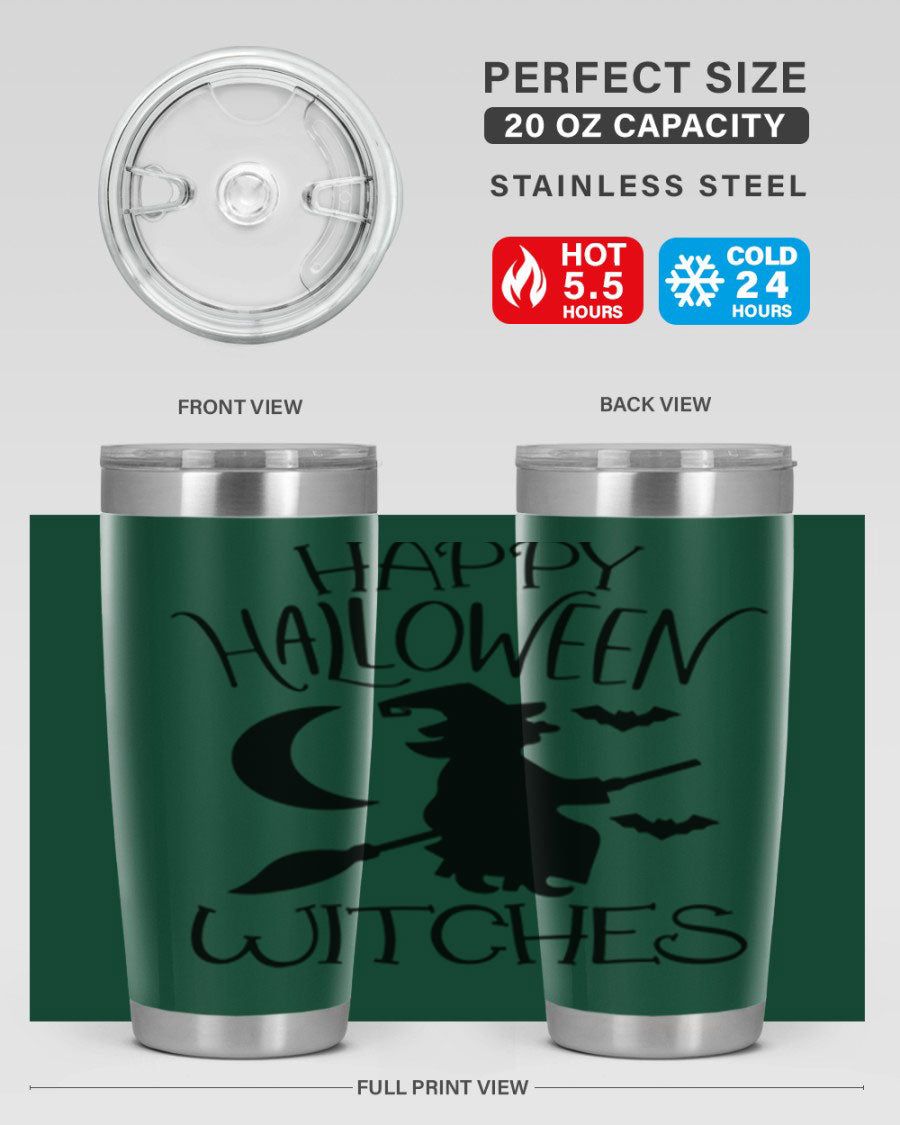 Happy Halloween Witches 20oz Tumbler featuring a spooky design, made of stainless steel with a drink-thru lid.