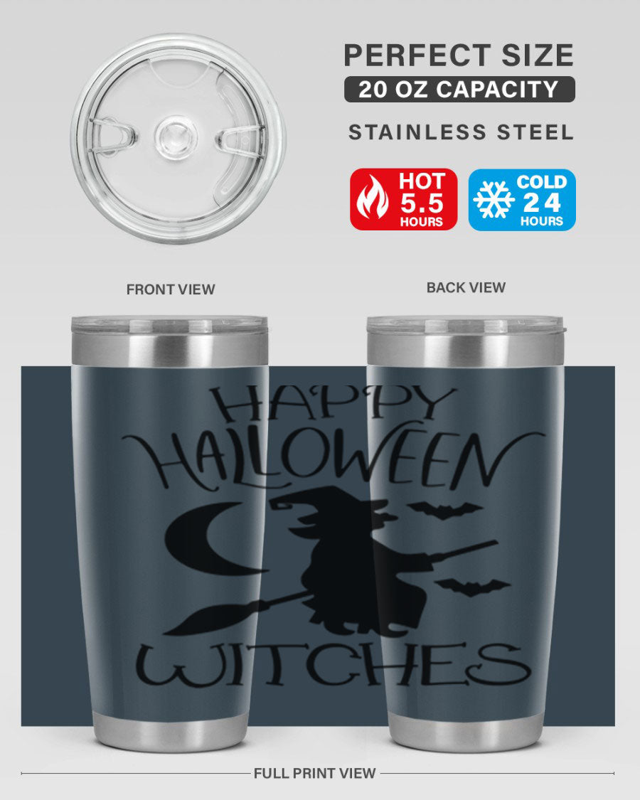 Happy Halloween Witches 20oz Tumbler featuring a spooky design, made of stainless steel with a drink-thru lid.
