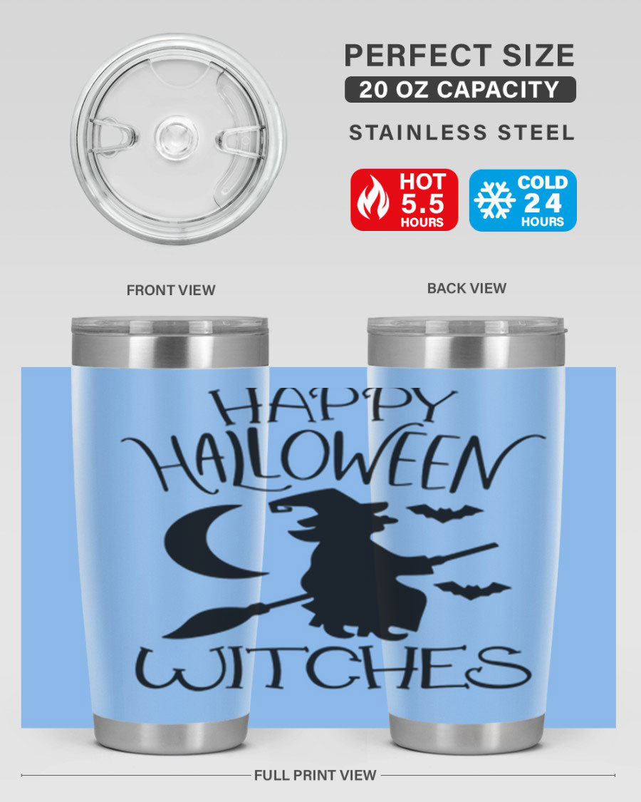Happy Halloween Witches 20oz Tumbler featuring a spooky design, made of stainless steel with a drink-thru lid.