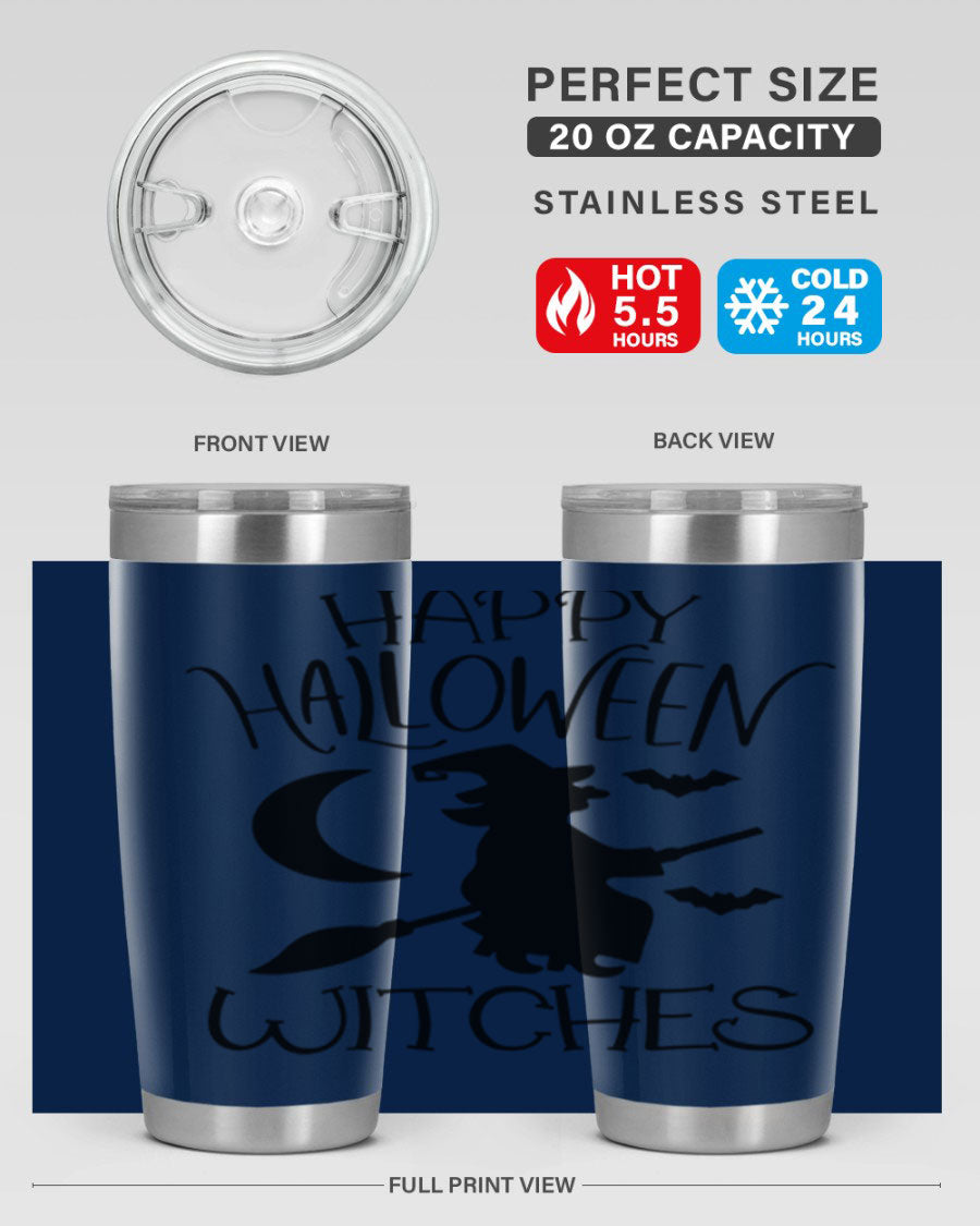 Happy Halloween Witches 20oz Tumbler featuring a spooky design, made of stainless steel with a drink-thru lid.