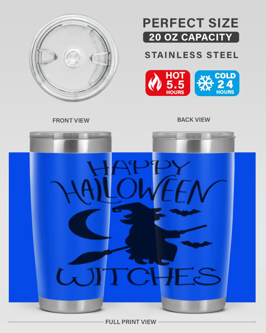 Happy Halloween Witches 20oz Tumbler featuring a spooky design, made of stainless steel with a drink-thru lid.