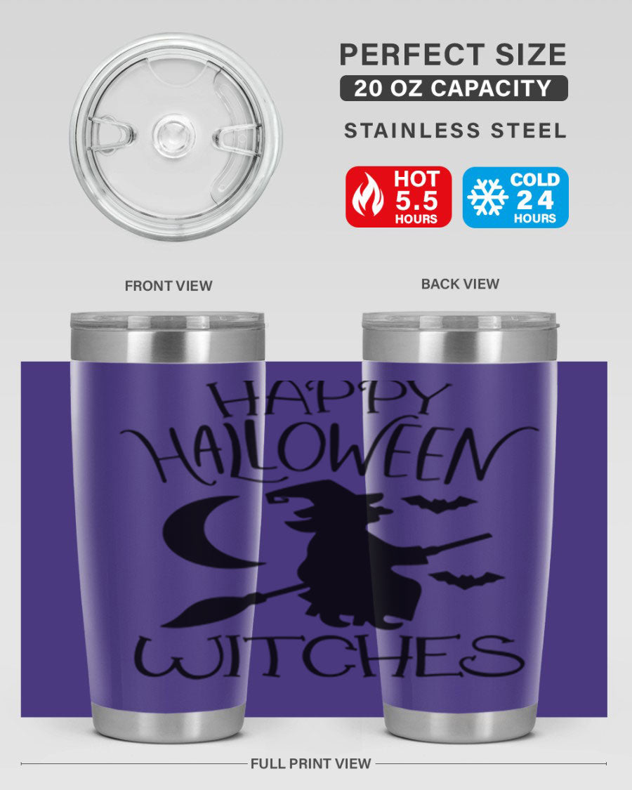 Happy Halloween Witches 20oz Tumbler featuring a spooky design, made of stainless steel with a drink-thru lid.