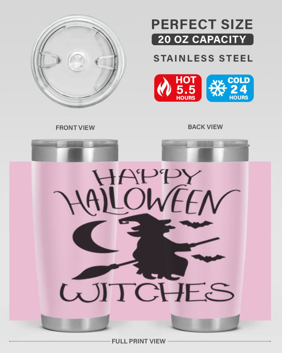 Happy Halloween Witches 20oz Tumbler featuring a spooky design, made of stainless steel with a drink-thru lid.