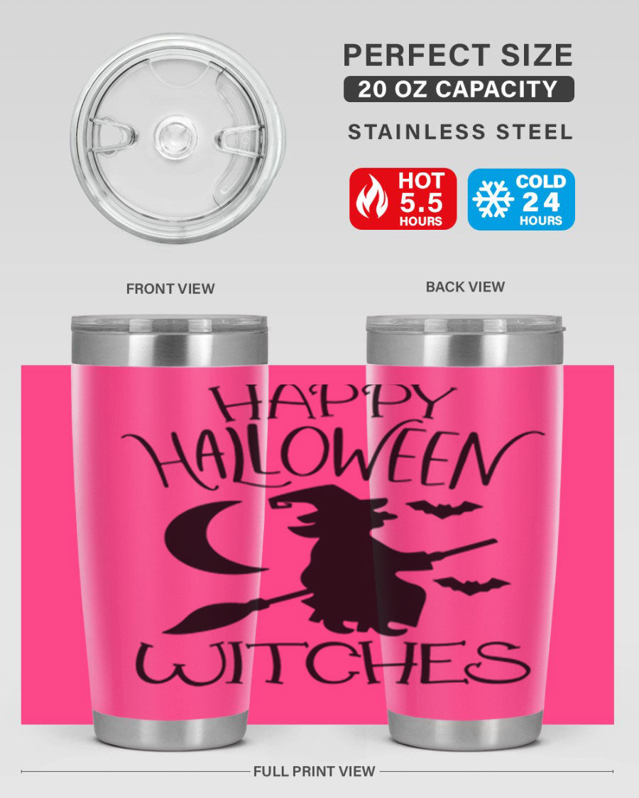 Happy Halloween Witches 20oz Tumbler featuring a spooky design, made of stainless steel with a drink-thru lid.