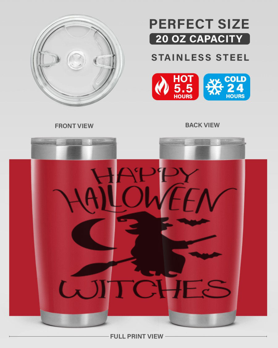 Happy Halloween Witches 20oz Tumbler featuring a spooky design, made of stainless steel with a drink-thru lid.