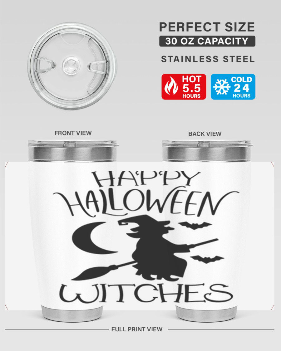 Happy Halloween Witches 20oz Tumbler featuring a spooky design, made of stainless steel with a drink-thru lid.