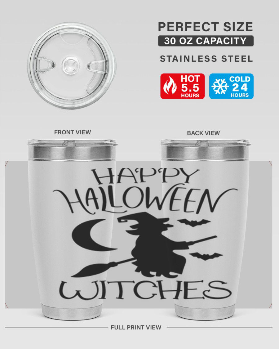 Happy Halloween Witches 20oz Tumbler featuring a spooky design, made of stainless steel with a drink-thru lid.