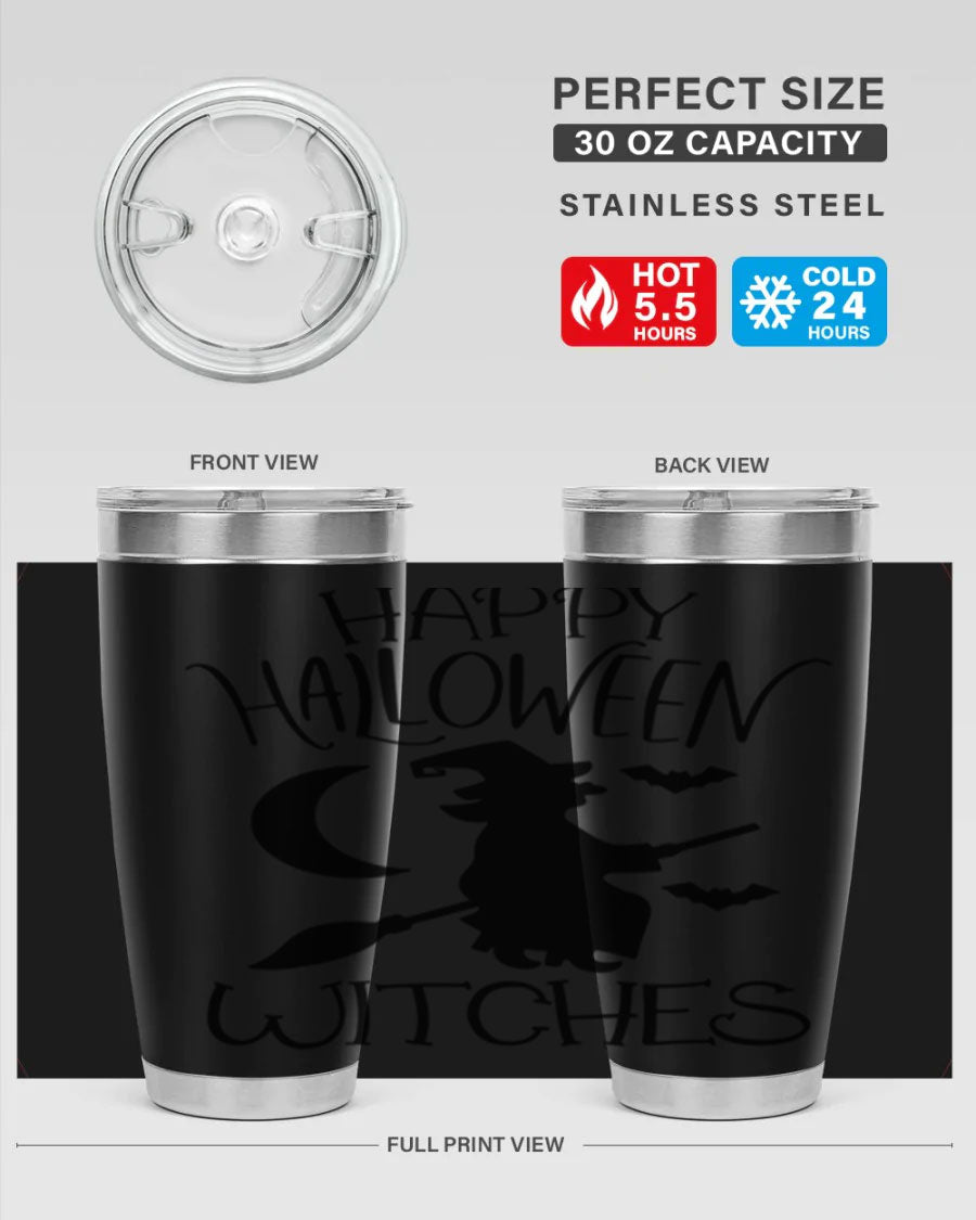 Happy Halloween Witches 20oz Tumbler featuring a spooky design, made of stainless steel with a drink-thru lid.