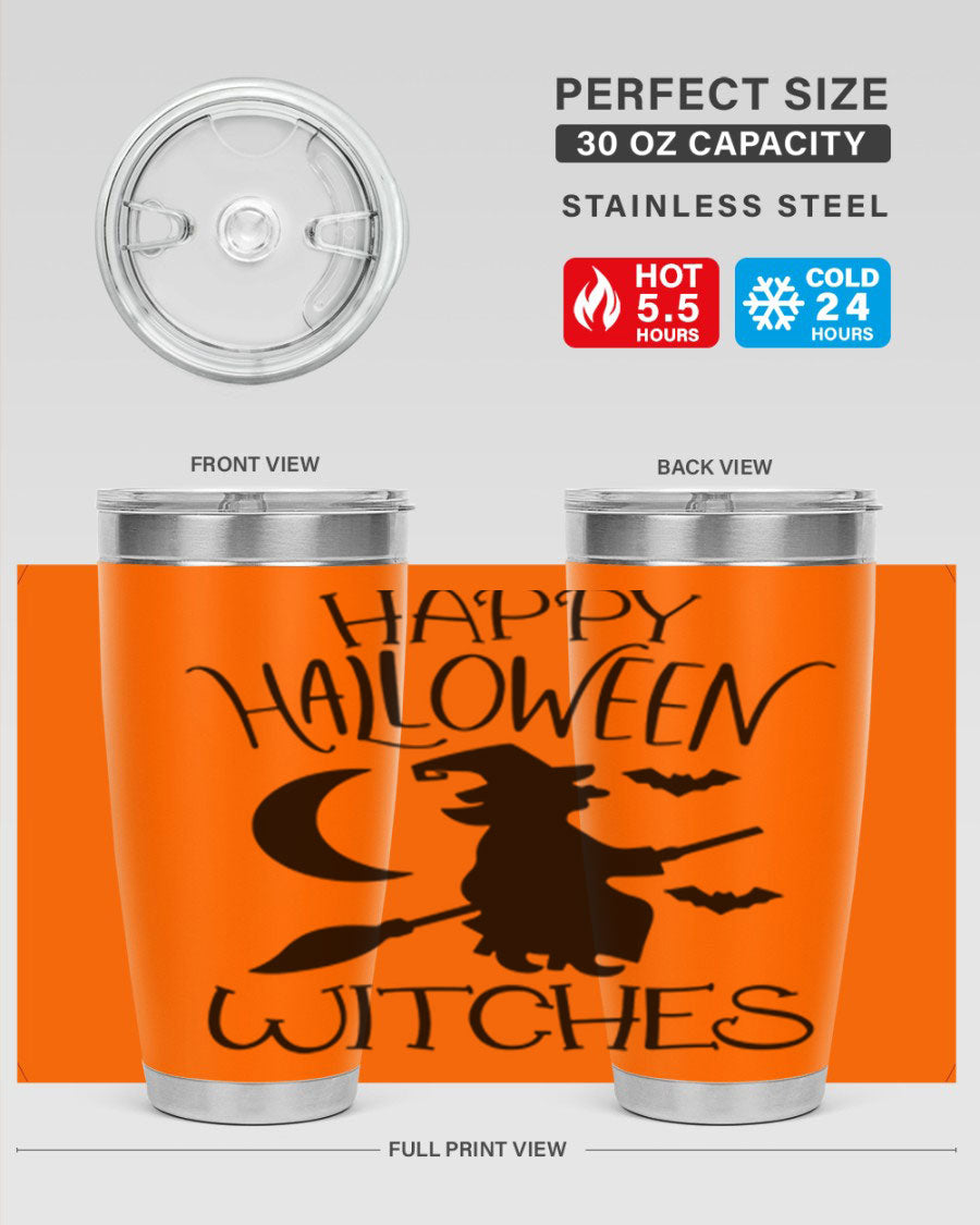 Happy Halloween Witches 20oz Tumbler featuring a spooky design, made of stainless steel with a drink-thru lid.