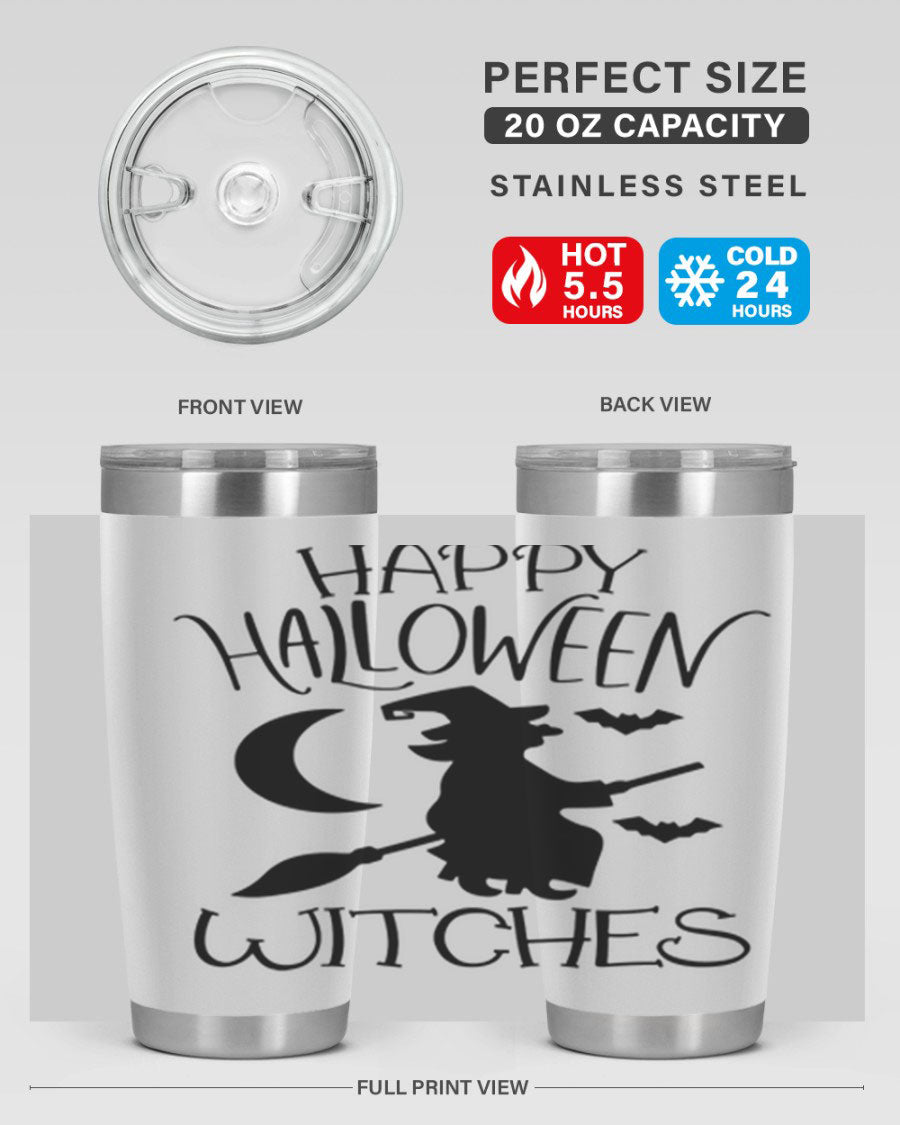 Happy Halloween Witches 20oz Tumbler featuring a spooky design, made of stainless steel with a drink-thru lid.