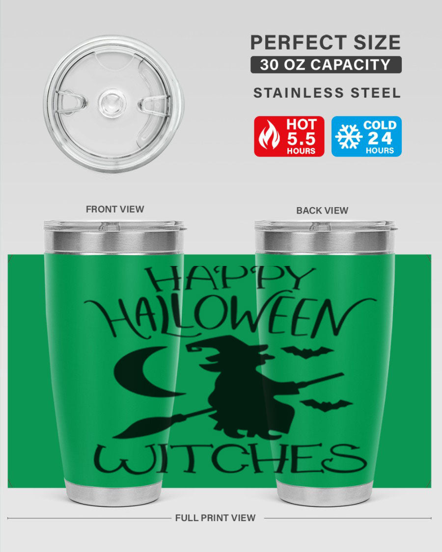 Happy Halloween Witches 20oz Tumbler featuring a spooky design, made of stainless steel with a drink-thru lid.