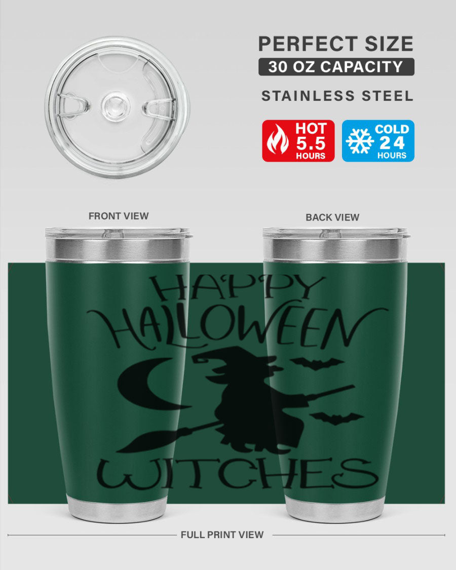 Happy Halloween Witches 20oz Tumbler featuring a spooky design, made of stainless steel with a drink-thru lid.
