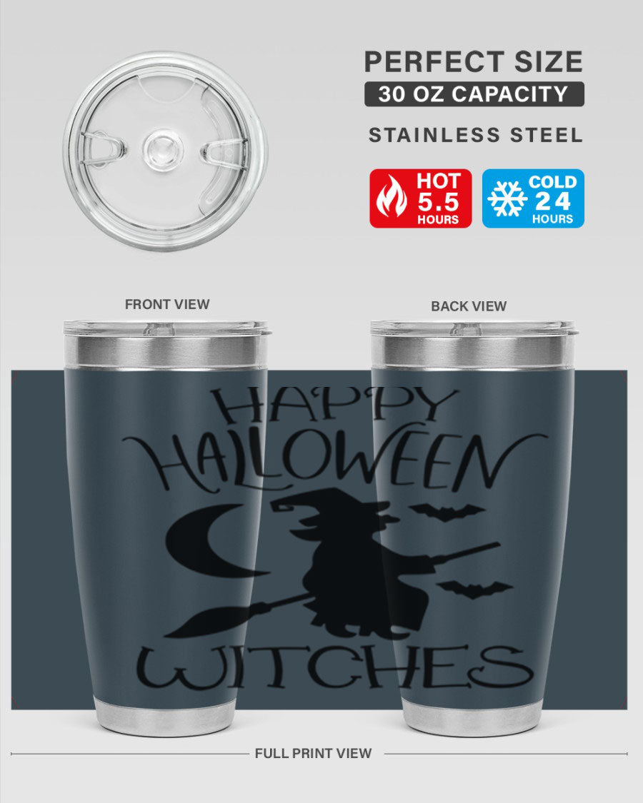 Happy Halloween Witches 20oz Tumbler featuring a spooky design, made of stainless steel with a drink-thru lid.