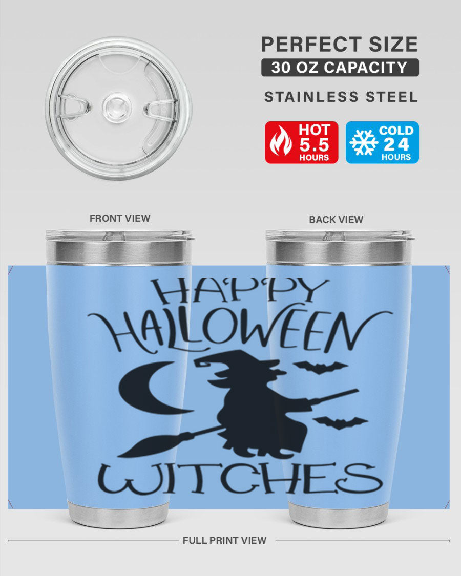Happy Halloween Witches 20oz Tumbler featuring a spooky design, made of stainless steel with a drink-thru lid.