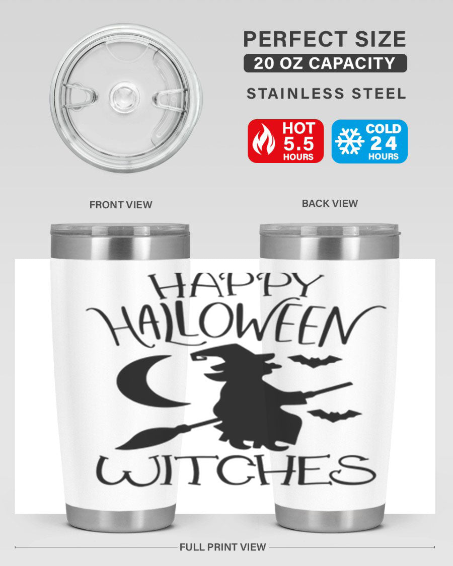 Happy Halloween Witches 20oz Tumbler featuring a spooky design, made of stainless steel with a drink-thru lid.