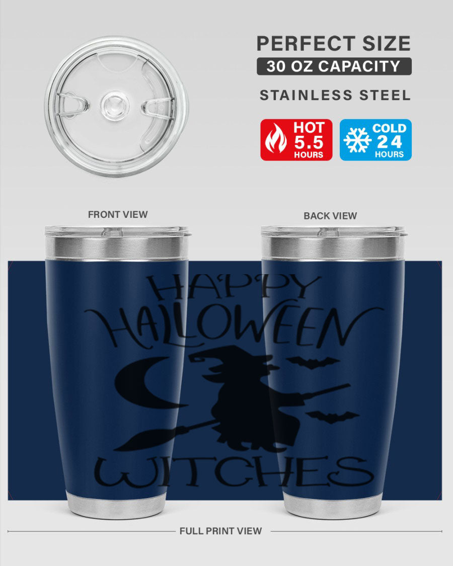 Happy Halloween Witches 20oz Tumbler featuring a spooky design, made of stainless steel with a drink-thru lid.