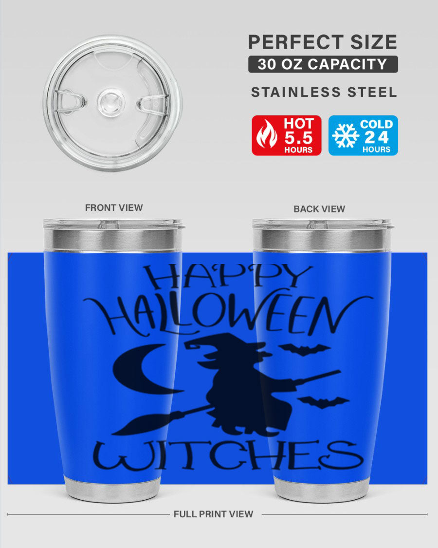 Happy Halloween Witches 20oz Tumbler featuring a spooky design, made of stainless steel with a drink-thru lid.