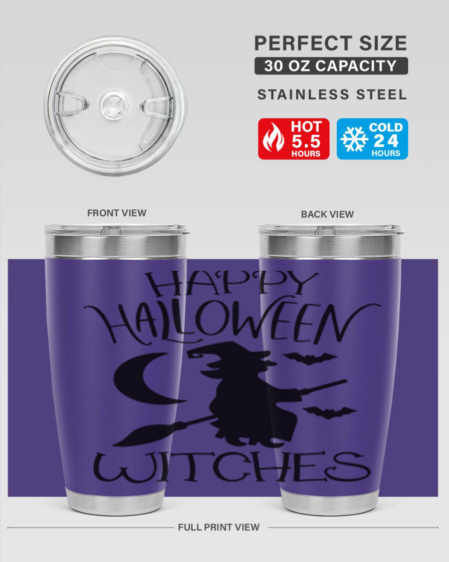 Happy Halloween Witches 20oz Tumbler featuring a spooky design, made of stainless steel with a drink-thru lid.