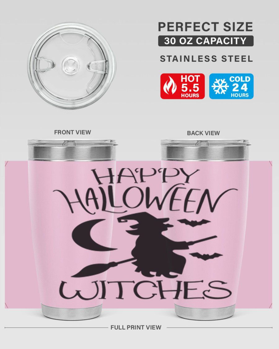 Happy Halloween Witches 20oz Tumbler featuring a spooky design, made of stainless steel with a drink-thru lid.