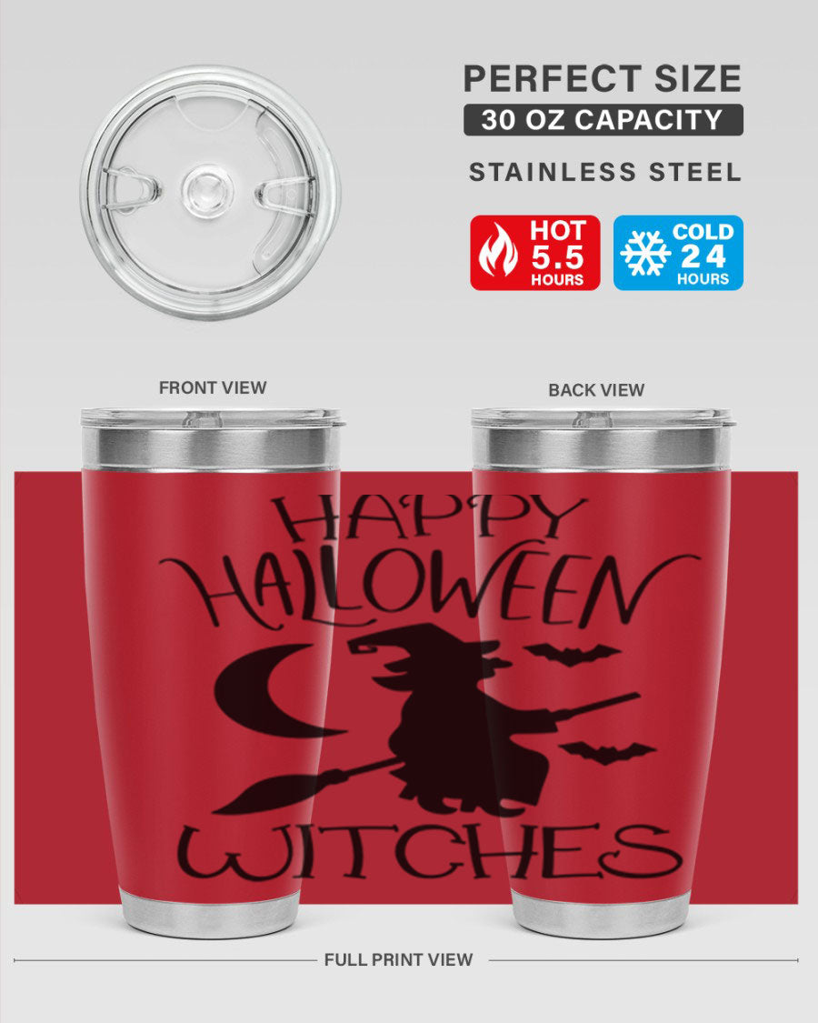 Happy Halloween Witches 20oz Tumbler featuring a spooky design, made of stainless steel with a drink-thru lid.