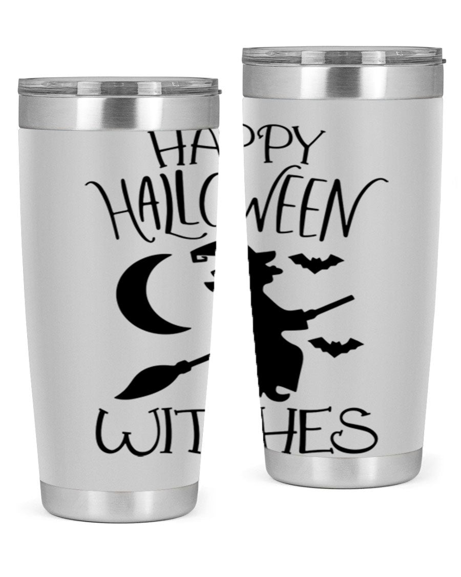 Happy Halloween Witches 20oz Tumbler featuring a spooky design, made of stainless steel with a drink-thru lid.