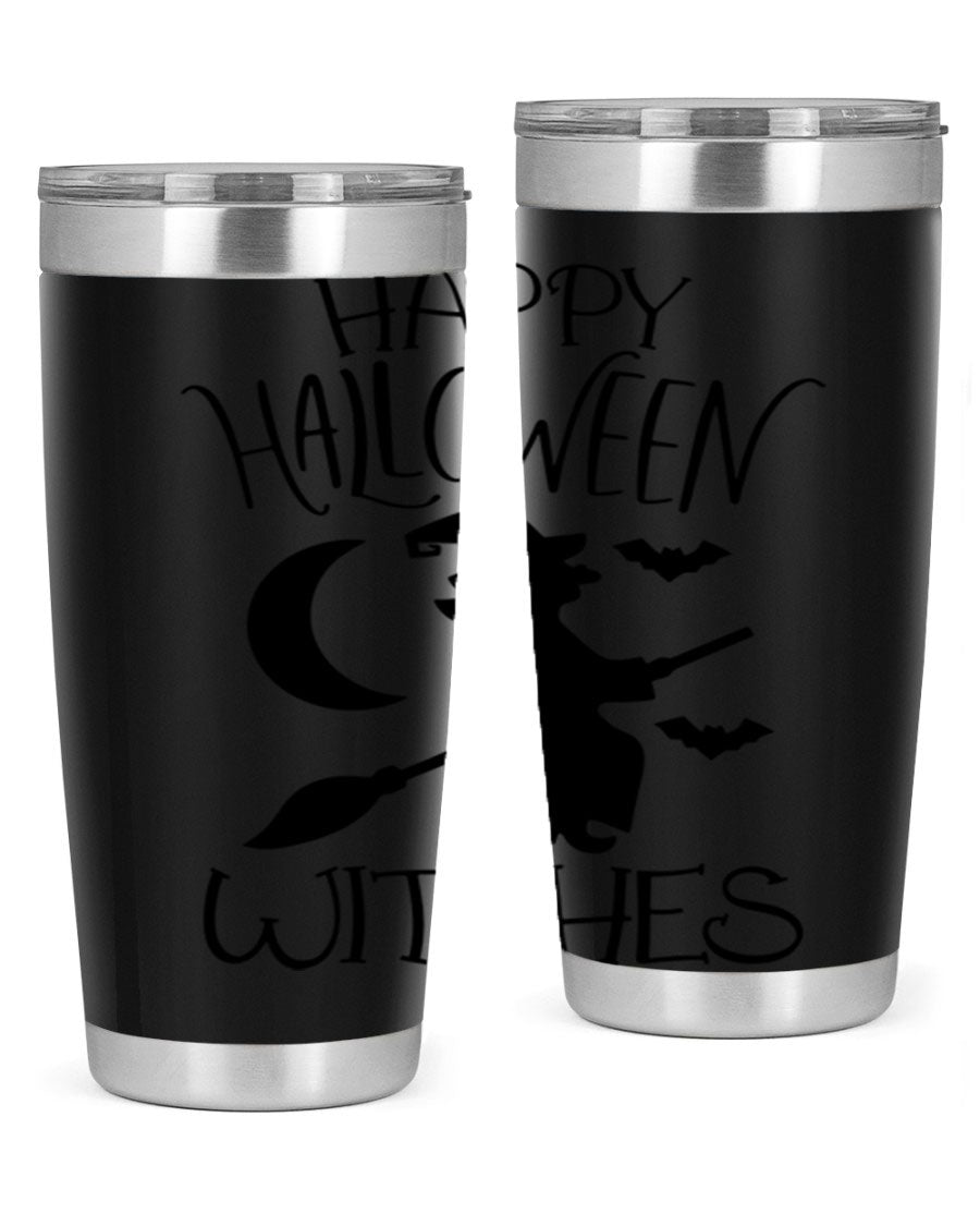 Happy Halloween Witches 20oz Tumbler featuring a spooky design, made of stainless steel with a drink-thru lid.