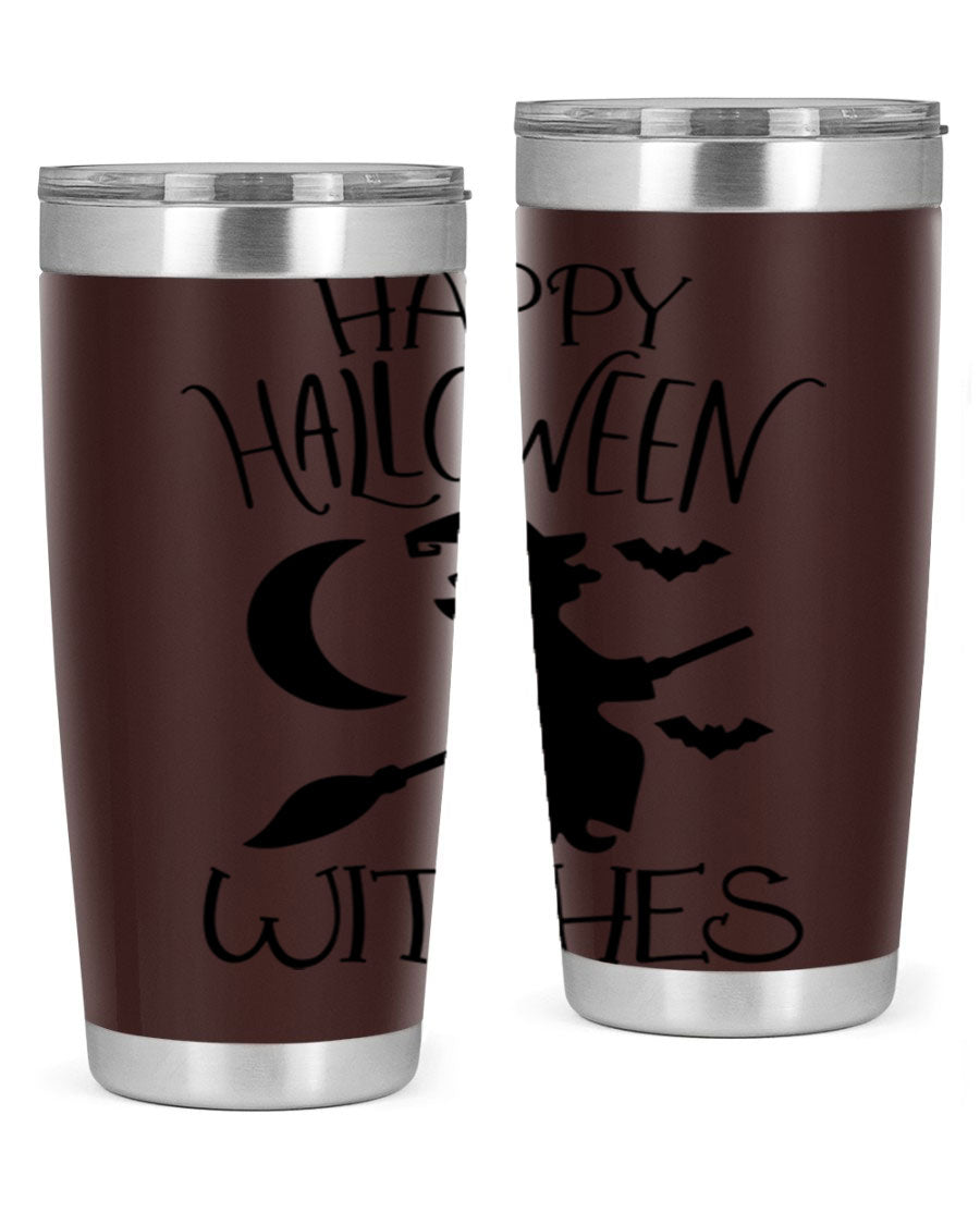 Happy Halloween Witches 20oz Tumbler featuring a spooky design, made of stainless steel with a drink-thru lid.
