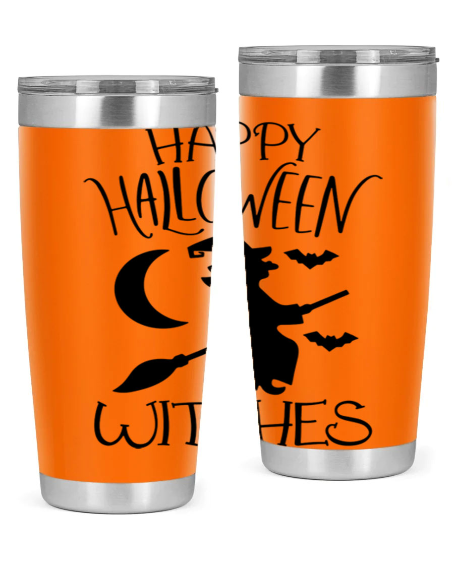 Happy Halloween Witches 20oz Tumbler featuring a spooky design, made of stainless steel with a drink-thru lid.