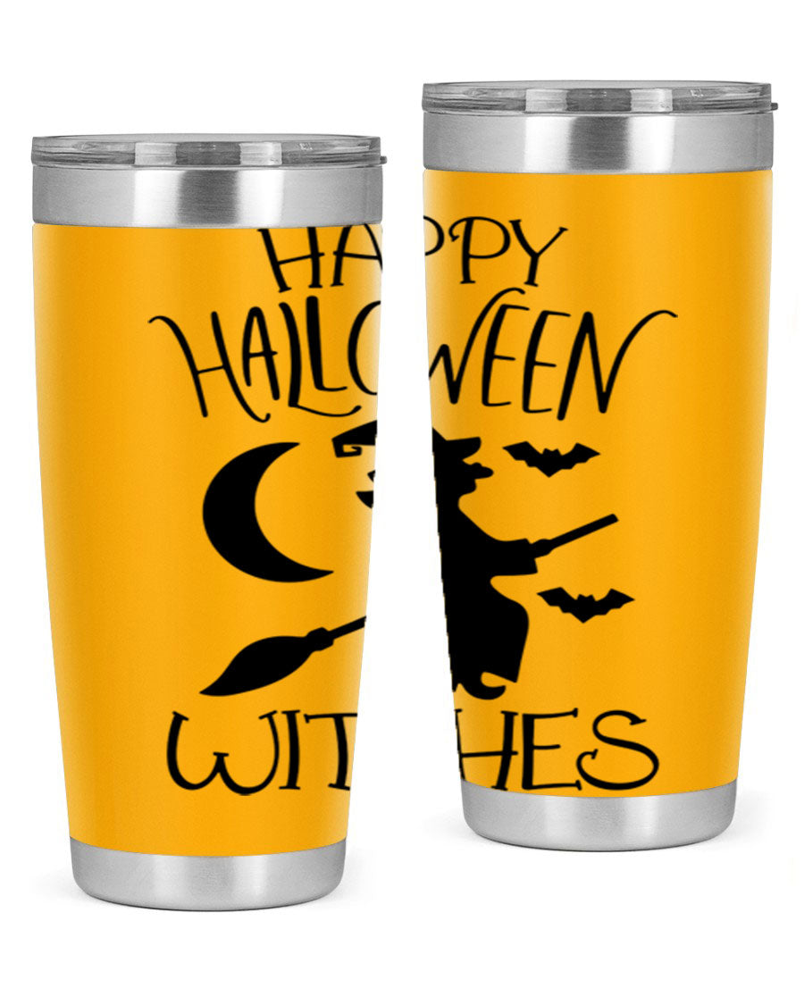 Happy Halloween Witches 20oz Tumbler featuring a spooky design, made of stainless steel with a drink-thru lid.