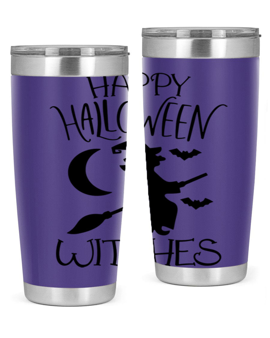 Happy Halloween Witches 20oz Tumbler featuring a spooky design, made of stainless steel with a drink-thru lid.