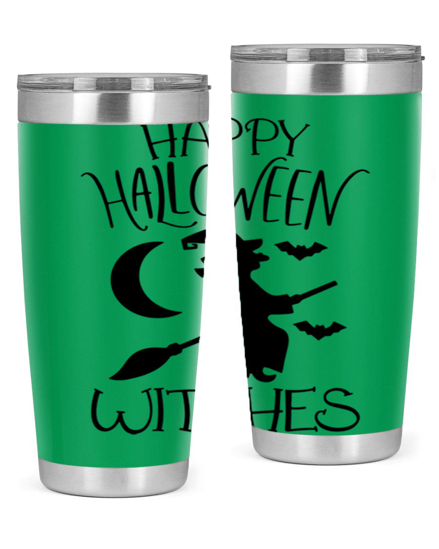 Happy Halloween Witches 20oz Tumbler featuring a spooky design, made of stainless steel with a drink-thru lid.