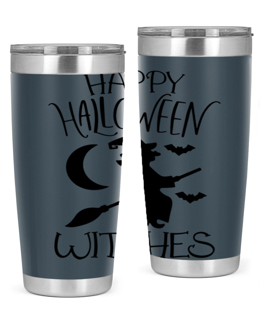Happy Halloween Witches 20oz Tumbler featuring a spooky design, made of stainless steel with a drink-thru lid.