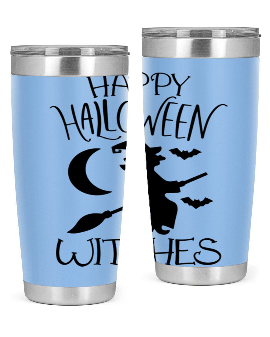 Happy Halloween Witches 20oz Tumbler featuring a spooky design, made of stainless steel with a drink-thru lid.