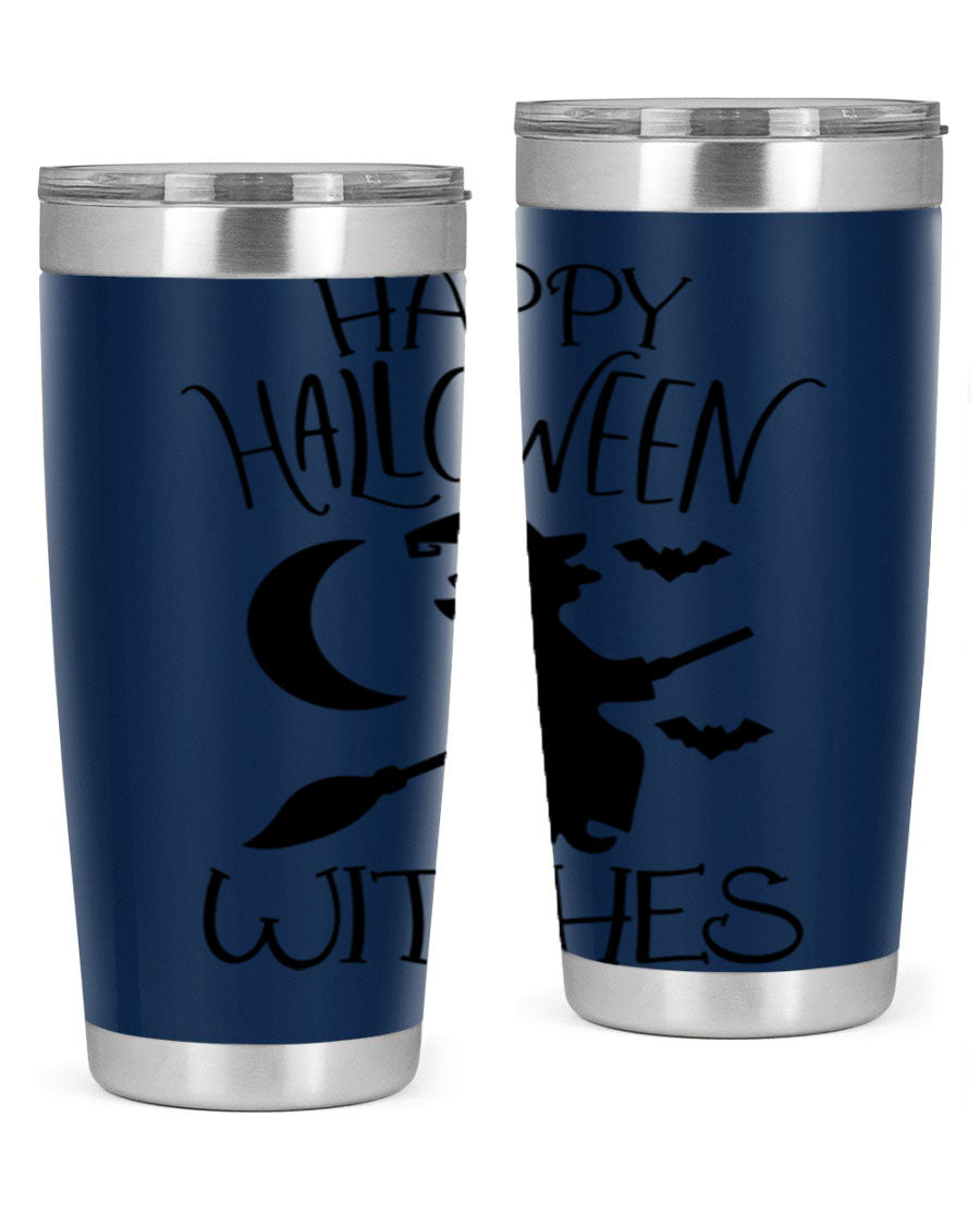 Happy Halloween Witches 20oz Tumbler featuring a spooky design, made of stainless steel with a drink-thru lid.