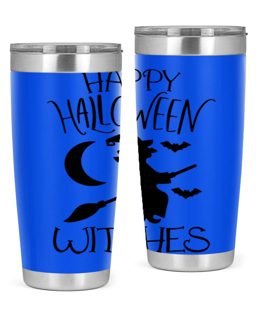 Happy Halloween Witches 20oz Tumbler featuring a spooky design, made of stainless steel with a drink-thru lid.