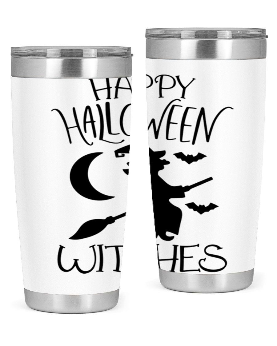Happy Halloween Witches 20oz Tumbler featuring a spooky design, made of stainless steel with a drink-thru lid.