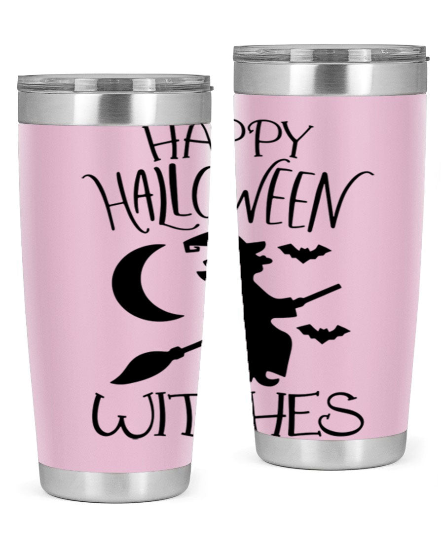 Happy Halloween Witches 20oz Tumbler featuring a spooky design, made of stainless steel with a drink-thru lid.