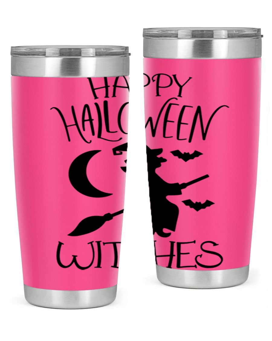 Happy Halloween Witches 20oz Tumbler featuring a spooky design, made of stainless steel with a drink-thru lid.