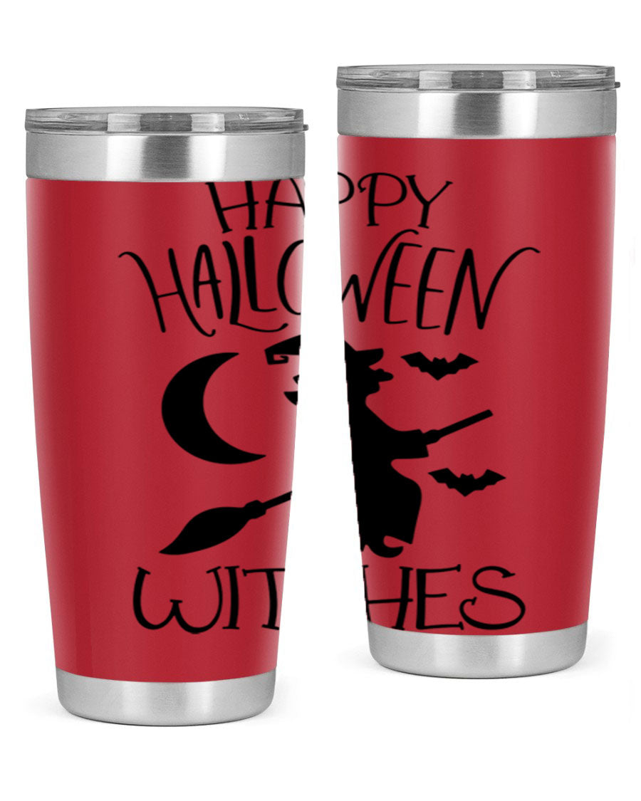 Happy Halloween Witches 20oz Tumbler featuring a spooky design, made of stainless steel with a drink-thru lid.